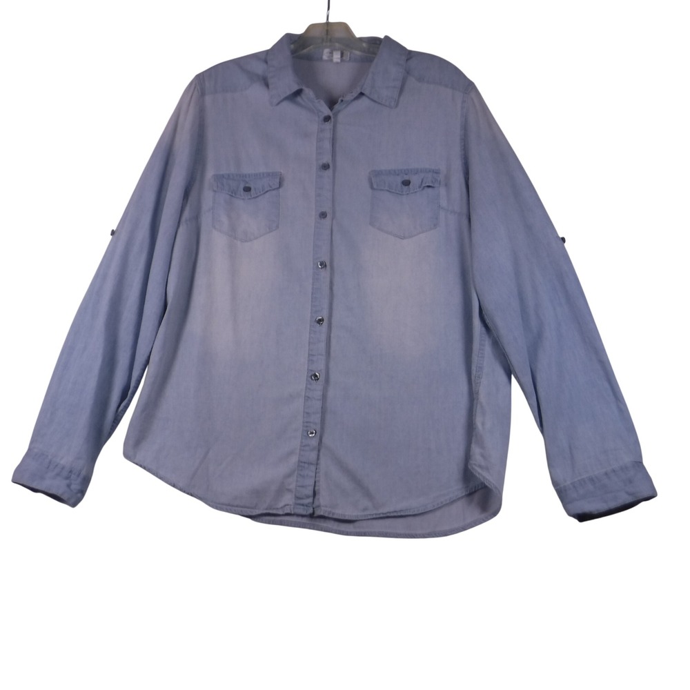 Noble U Los Angeles Womens 2XL Blue Chambray Cotton Roll Tab Button Down Shirt